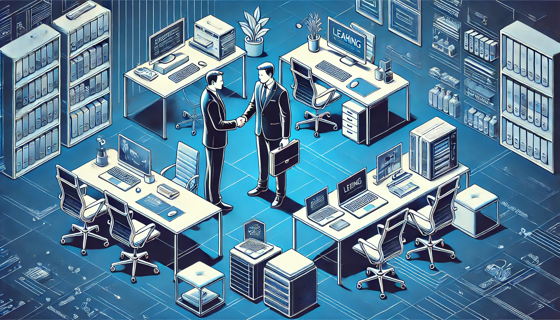 Stylized image of a modern startup office with sleek desks, ergonomic chairs, and high-tech computers. A businessman shaking hands with a leasing agent