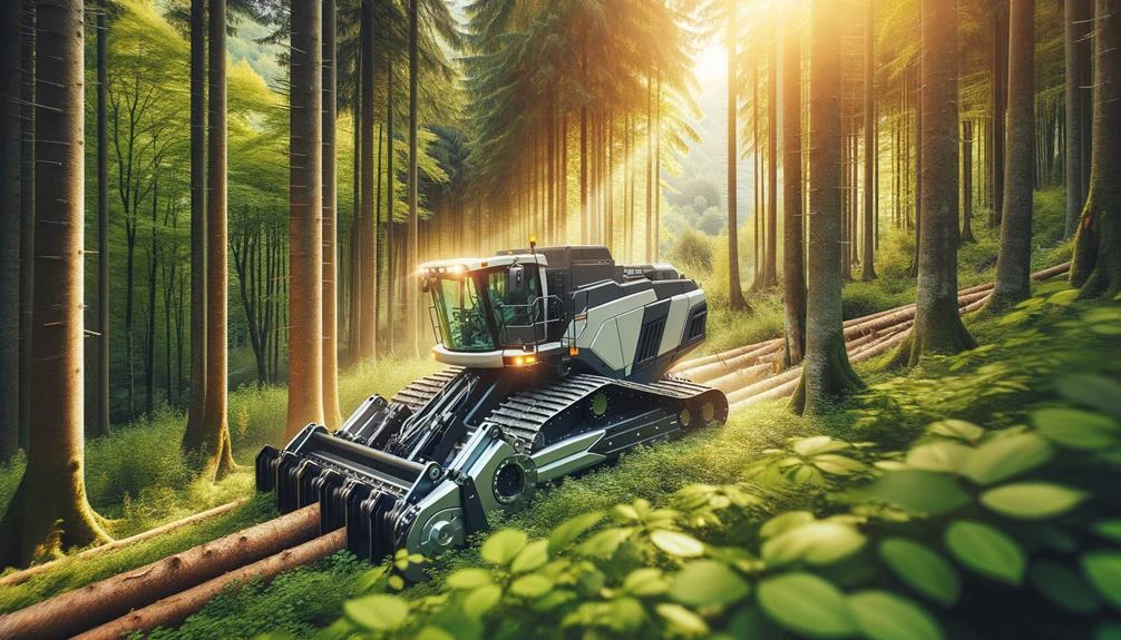 A modern forestry machine, freshly leased, cutting through dense, lush forest; sunlight filtering through tall trees, highlighting the machine's sleek design and rugged capability; vibrant green foliage in the background. Leasing Forestry Equipment The Smart Way to Grow Your Business